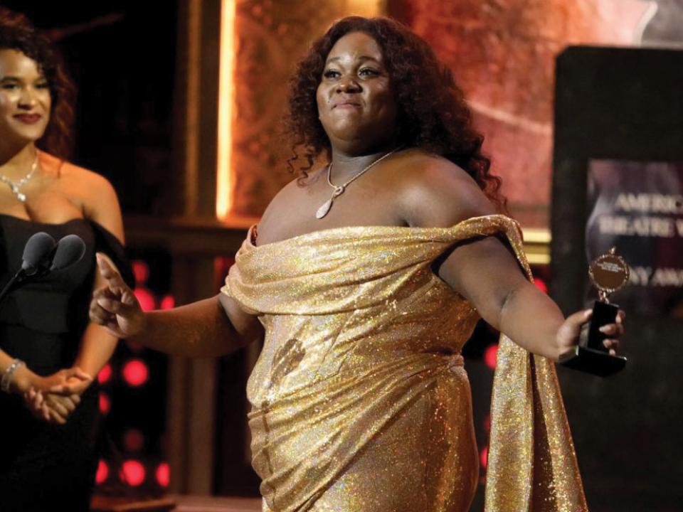 Alex Newell accepts the award for best performance by an actor in a featured role in a musical for "Shucked" at the 76th annual Tony Awards on Sunday, June 11, 2023, at the United Palace theater in New York. (Photo by Charles Sykes/Invision/AP)