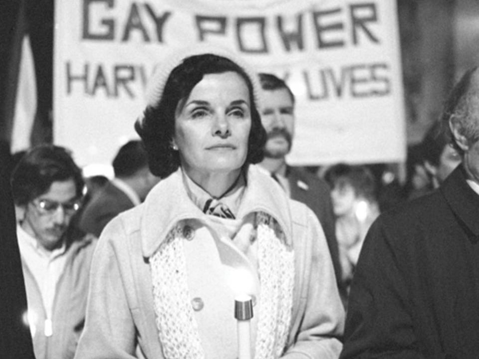 San Francisco Mayor Dianne Feinstein carries a candle as she leads an estimated 15,000 marchers also carrying candles during a march in memory of slain Mayor George Moscone and Supervisor Harvey Milk in San Francisco, Nov. 28, 1979.  (AP Photo/Paul Sakuma, File)