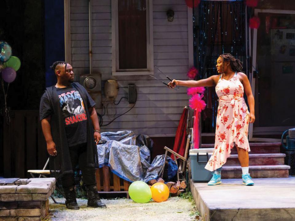 Marshall W. Mabry IV, left as Juicy , and Victoria Omoregie as Opal in "Fat Ham" at the Calderwood Pavilion. Photo by T Charles Erickson.