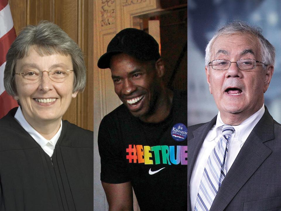 Barbara A. Lenk, photo via deefuneralhome.com; Jason Collins, AP photo by Mary Schwalm; and Barney Frank, AP Photo by Pablo Martinez Monsivais.